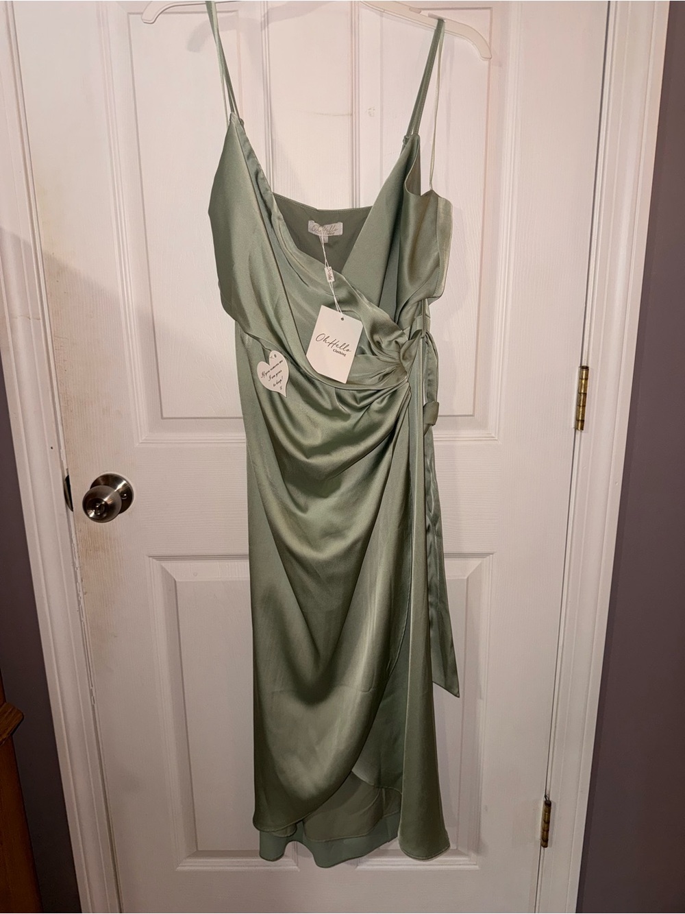 Oh hello brand Olive Satin Wrap High-Low Dress